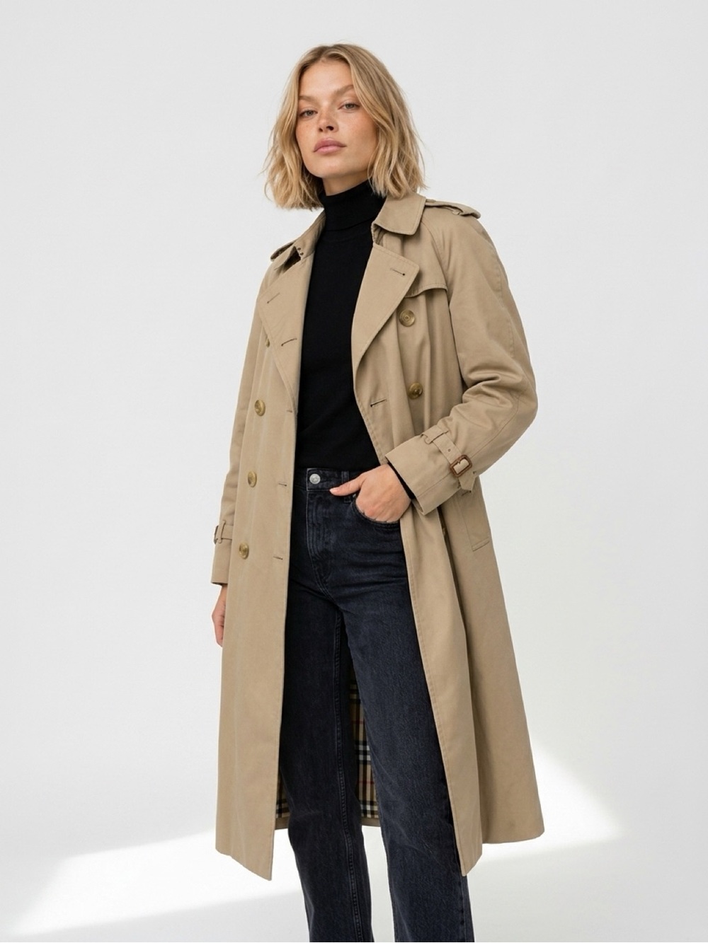 Vintage Burberrys Made in England Classic Khaki Trench Coat Nova Check Belted